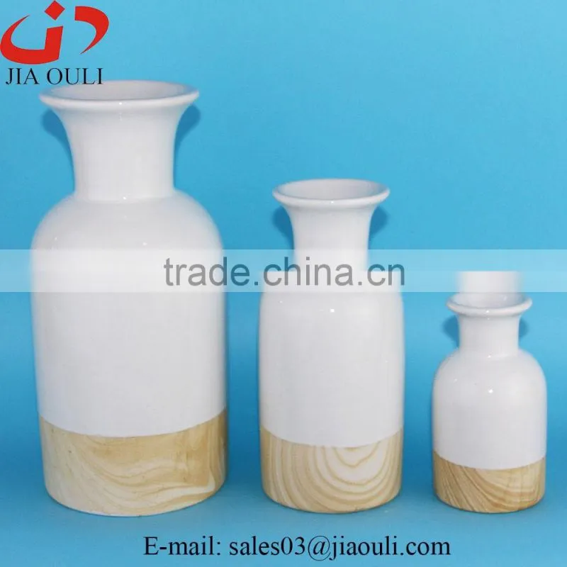 Popular style tall pillar with wood print bottom Ceramic white vase for decoration