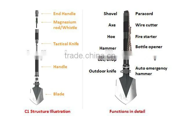 High-quality Multi-use Outdoor Sport Gear with Shovel Hoe Knife Hook Fire Starter