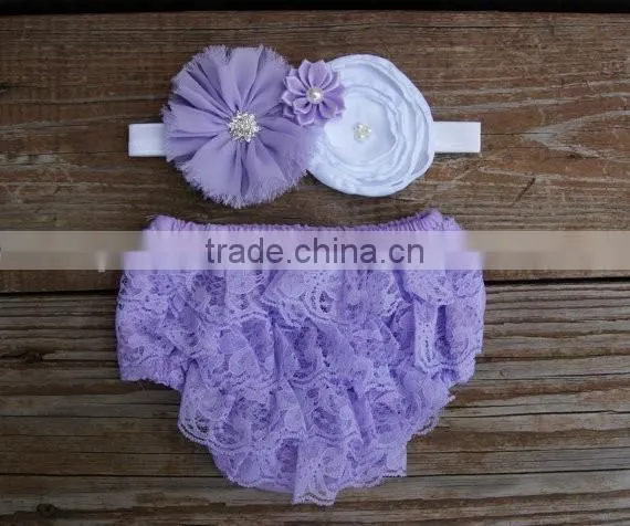 Hot selling baby clothes infant lavender ruffle bloomer wholesale baby girl diaper cover with headband