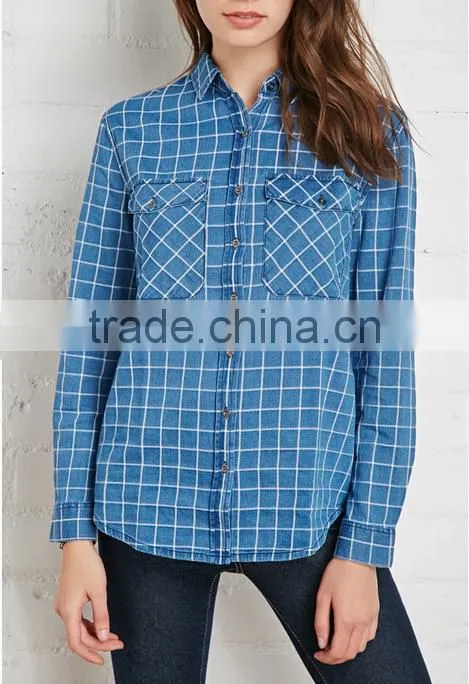 2015 custom women's blue plaid long sleeve 100% cotton flannel shirt