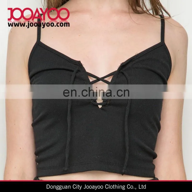 Ladies Sexy Black Rib Knit Lace-up Straps Tank Top
