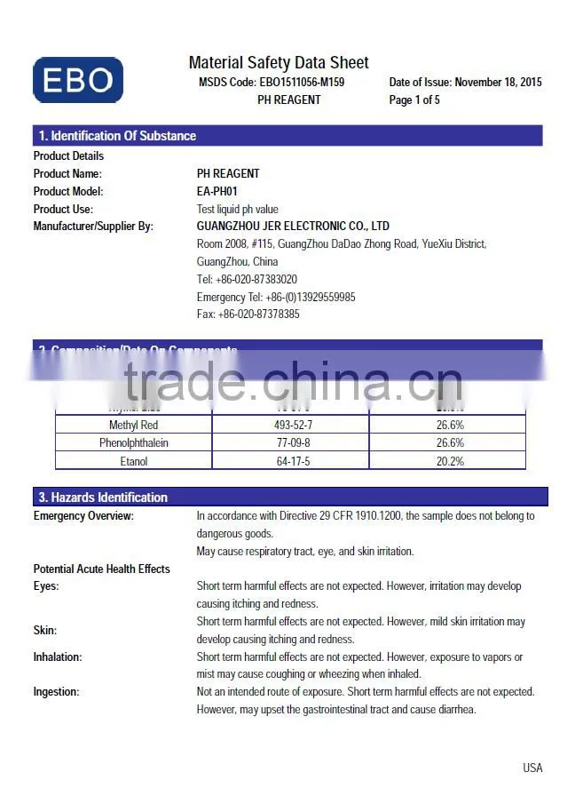 cheapest ph liquid tester with color chart and MSDS