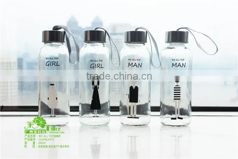 OEM private lable cartoon bottle with cap glass sports water bottle