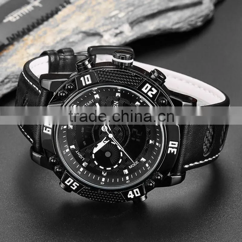 WJ-5446 genuine leather strap IP plating high quality double show Ohsen waterproof men sport watch