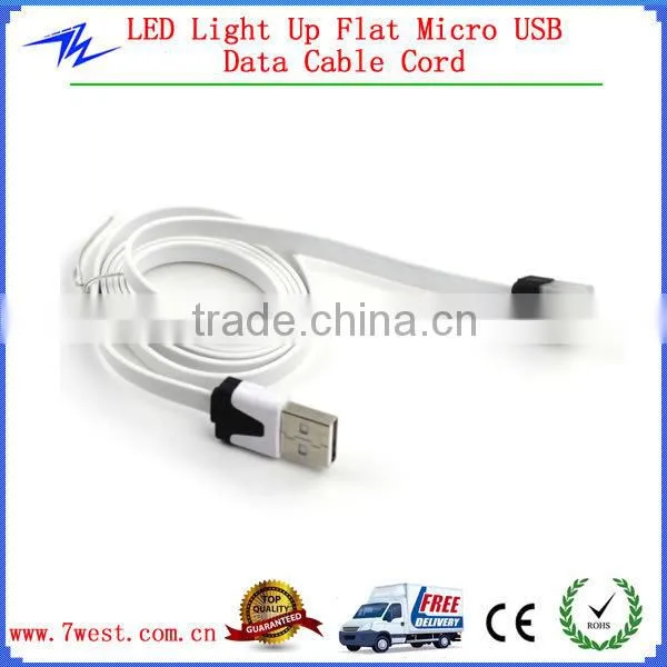 2014 New Products Flat Micro USB Data Charger Cable with LED light for HTC Nokia Samsung Galaxy s4/s5