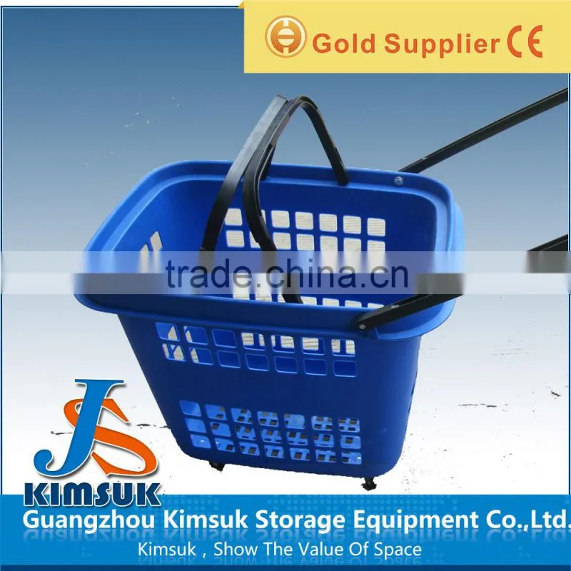 Supermarket Plastic Rolling Shopping Basket with Wheels