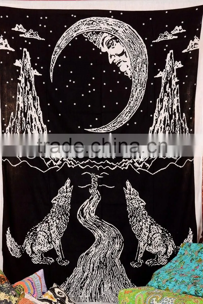Indian Printed Wholesale Tapestry, Wolf Wall Hanging, Moon Hippie Beach Blanket, Boho Picnic Throw