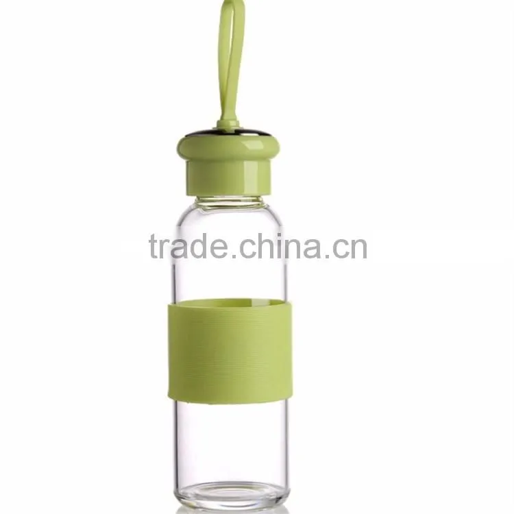New products of 2016 high quality portable drinking sport water bottle with silicone sleeve glass bottles wholesale