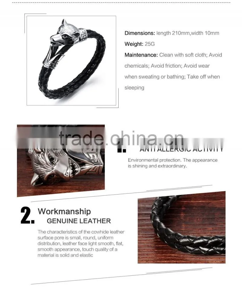 Men Stainless Steel Wolf bracelet , Braided Black Leather Bracelet
