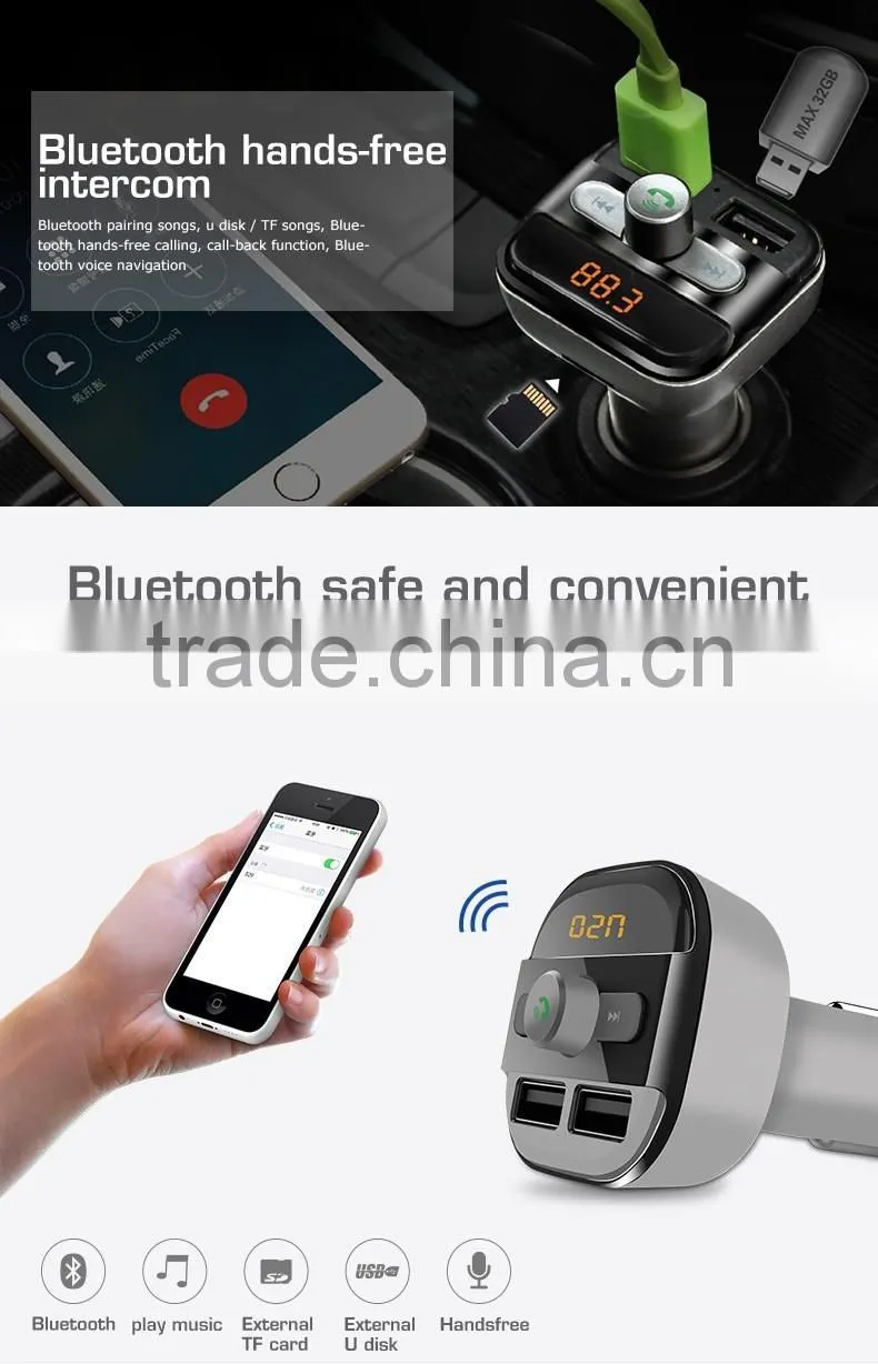 Wireless Bluetooth handsfree car kit with FM transmitter 3.4A car charger
