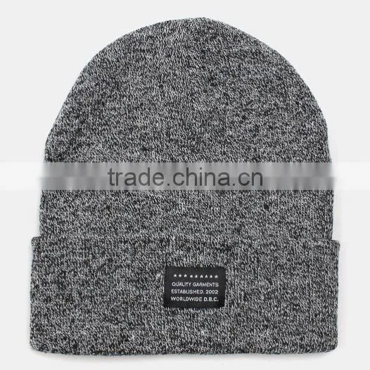 Fashion custom woven label grey mixed yarn beanie