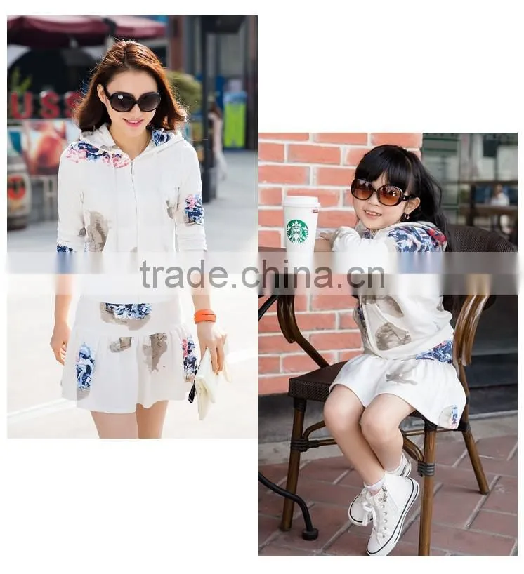 2015 lovely top and dress white flower printing mother and daughter sets for clothing