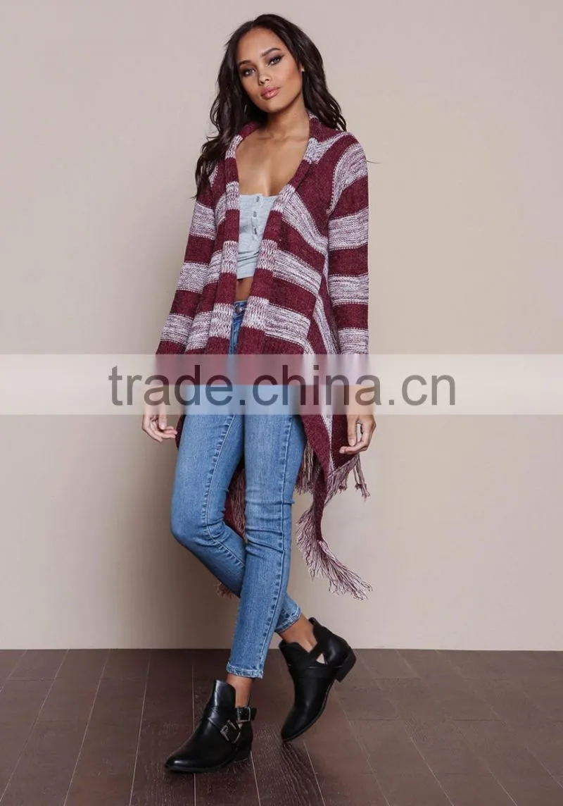 MGOO OEM Custom Burgundy Fringe Cardigan Mohair Striped Outwear Koreas Style Tassels Asymmetric Sweaters