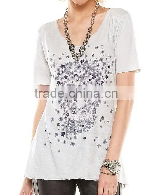 Rock Stylish Young Women Tunic Tops Light Grey Floral Skull Loose T Shirt Short Sleeves