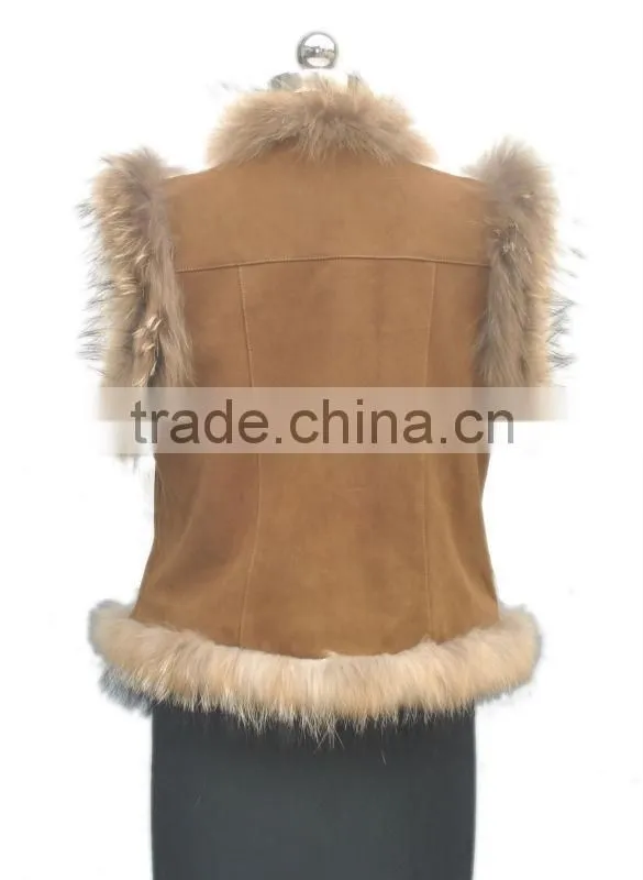 YR098 Pig Suede with Raccoon Fur Trimming Vest Fur and Leather Vest