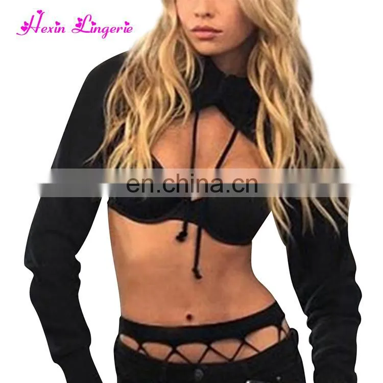 Wholesale Black Comfort Full Sleeve Navel Exposed ladies sexy crop top