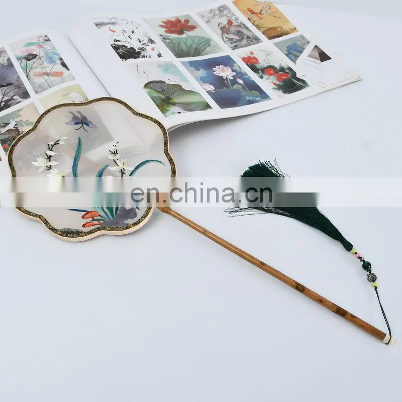 Chinese style multi-patternsilk embroidery dual-faced handmade fan with long wooden handle and tassel pendant(20*51cm)