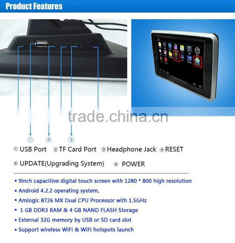 9inch car rear android monitor touch taxi built in car entertainment system