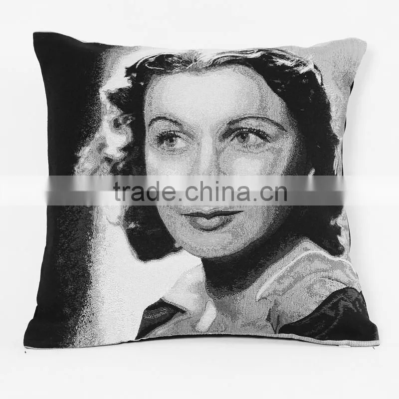 2016 hotsale 100% cotton wholesale printed portrait cushion, black and white jacquard cushion