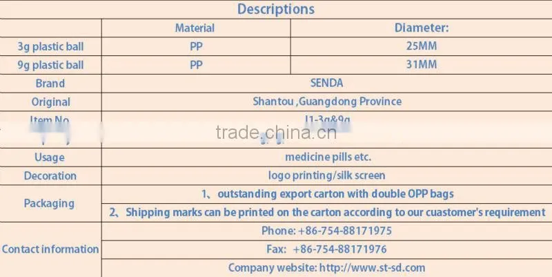 25mm &31mm hollow plastic ball for chemical pill, PP plastic hollow ball for Chinese medicine pills
