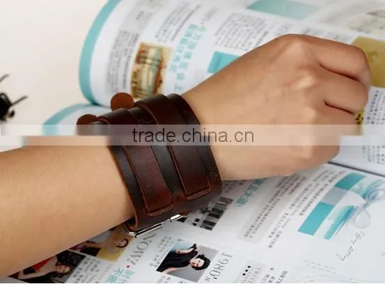 Top Quality Men's Biker Simple Stainless Steel Black Leather Bracelet