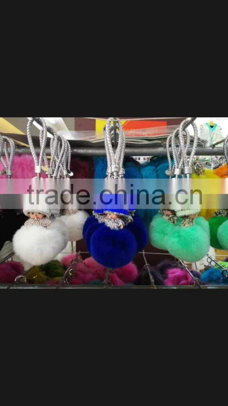 Hot selling rabbit fur accessories monchhichi leather keychain fur pompoms