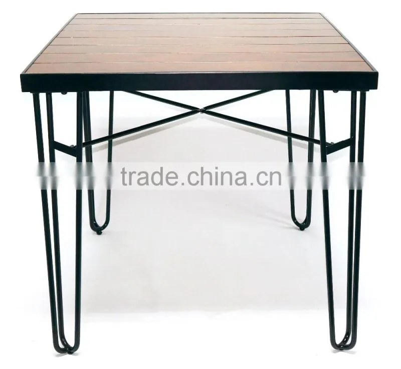 Cafe /restaurant wooden round dining table, outdoor wire base wooden top table
