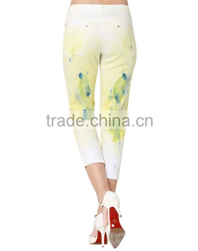 Guangzhou apparel wholesale printing leggings low waist fashion ladies printed cropped jeans trousers