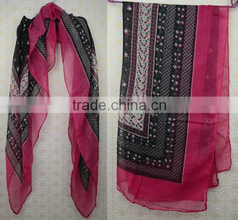 hot selling red and white flower gauze scarf with tassels