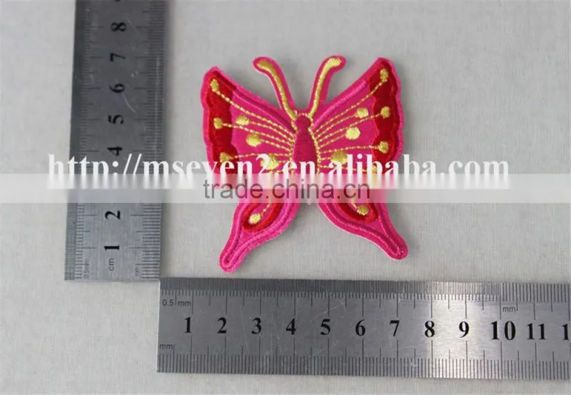 fancy design 7*8cm cotton embrodidery trim patch in pink butterfly design for garment