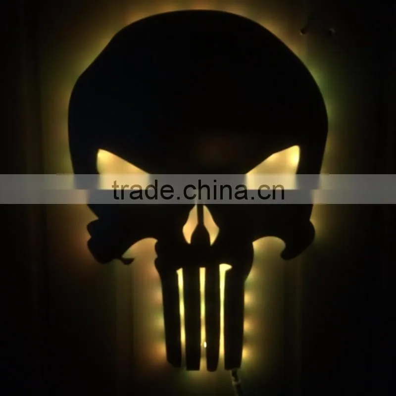 3D Punisher Mask Mirror Light, Halloween Decorative LED Colorful Remote Control Switch Lamp, Skull Decorative Wall Light Mirror