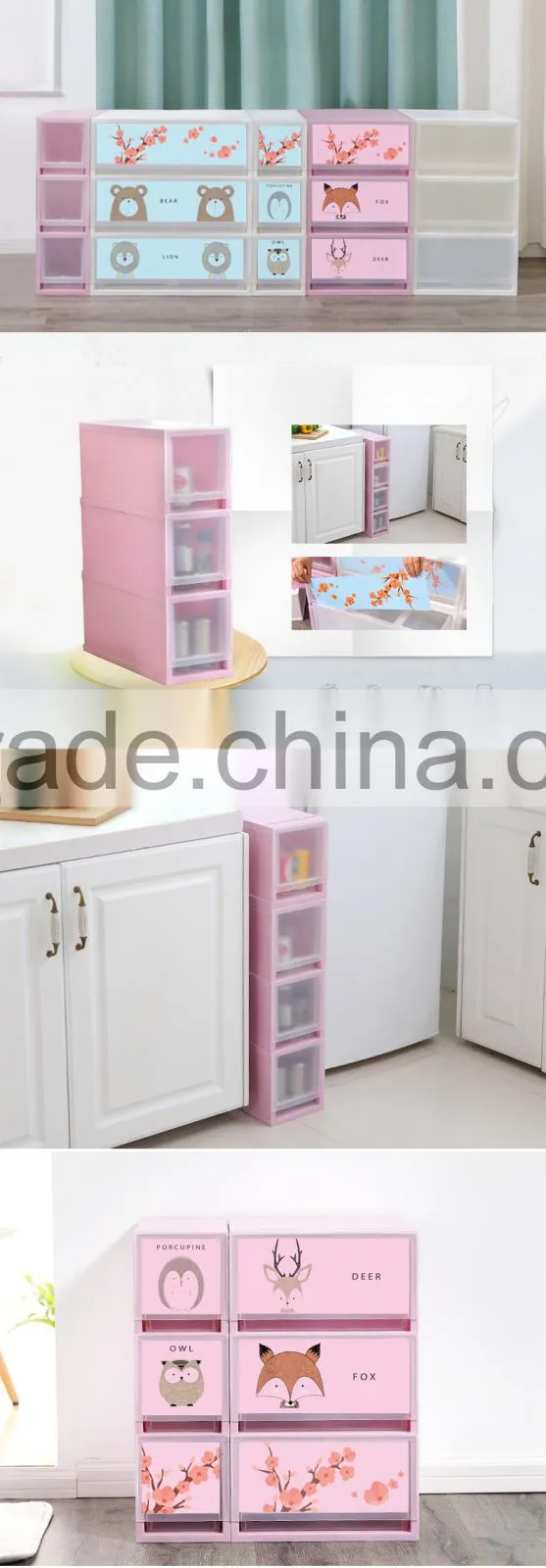Wholsale emc 3 tiers plastic drawer storage cabinet with color print transparent storage box