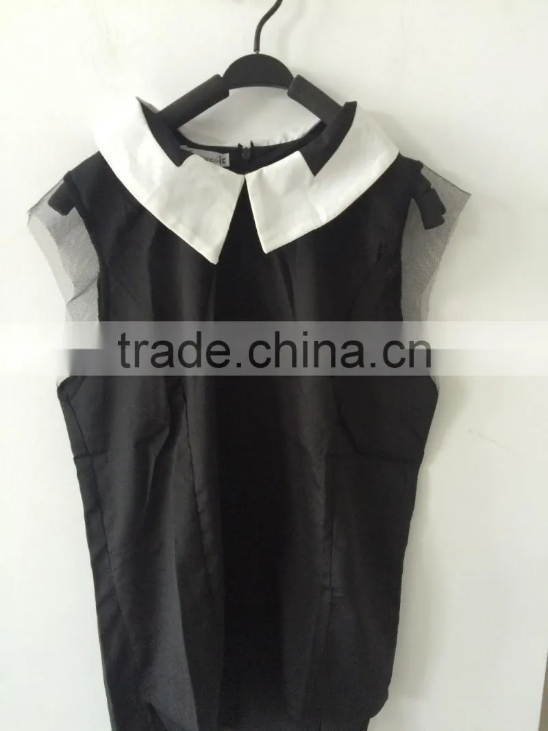 Fashion Cheap 2015 Women Clothing Shirts Spring Summer Chiffon Blouse Turn down Collar Sleeveless Shirt Black White Plus Size