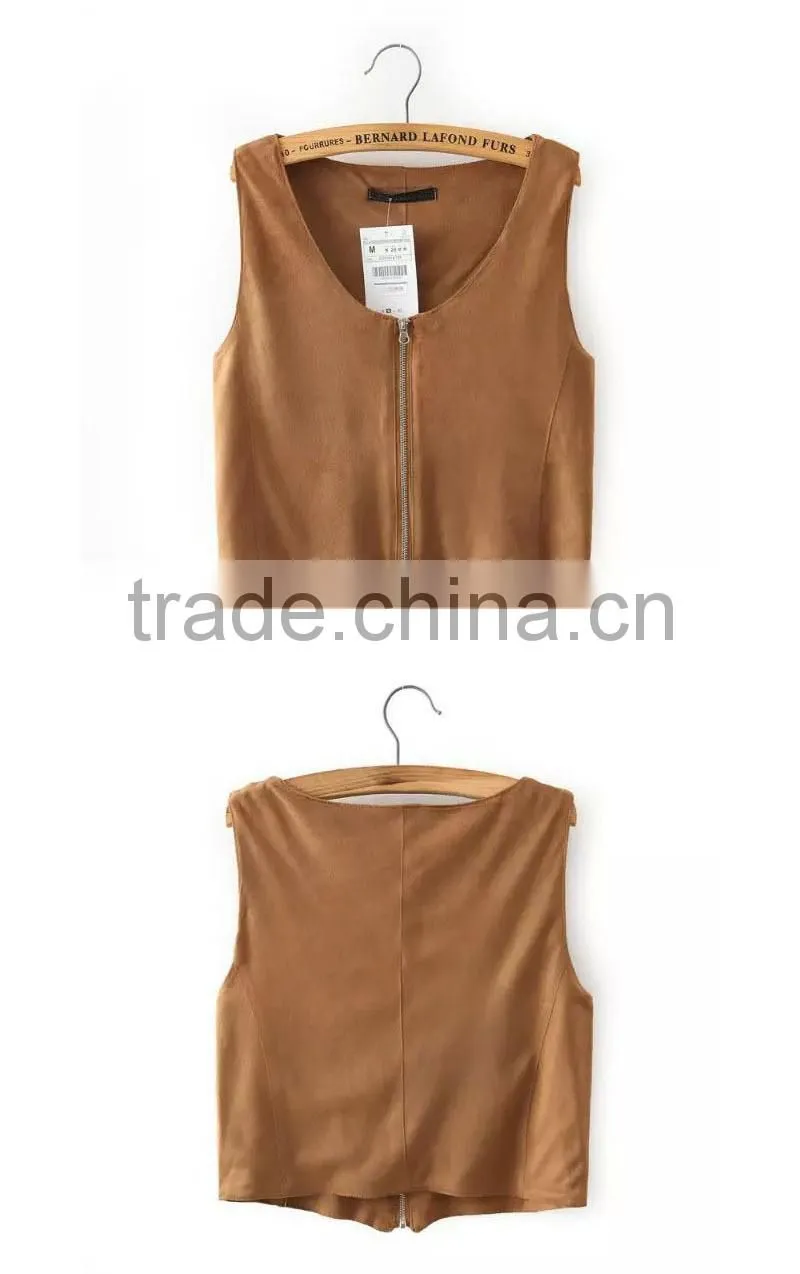 Trendy Retro Full Zip Faux Suede Sleeveless Bodycon Short Crop Vest Tank Jacket Top