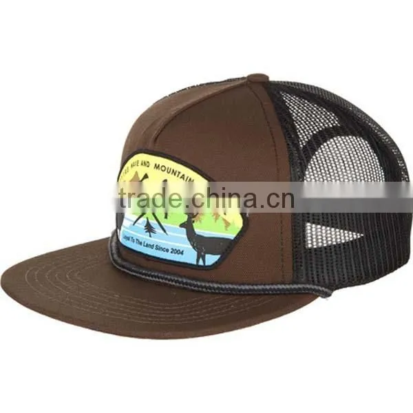 Custom Flat Brim With Rope Woven Patch Trucker Cap Mesh Cap