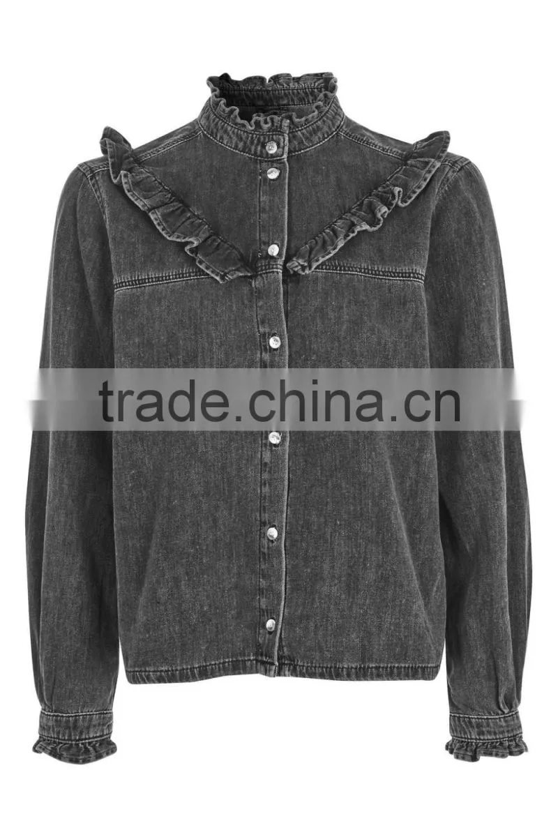 Ladies Fashion 100% Cotton Colored Blouse Frill Denim Shirts