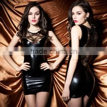 2015 New Summer Design Black Rare Leather Tight Look Dress Of Clothing Manufacture