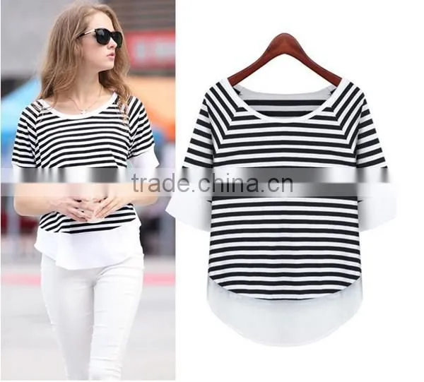 Summer simple latest fashion women Black and white striped lady shirt chiffon fabric chiffon blouse