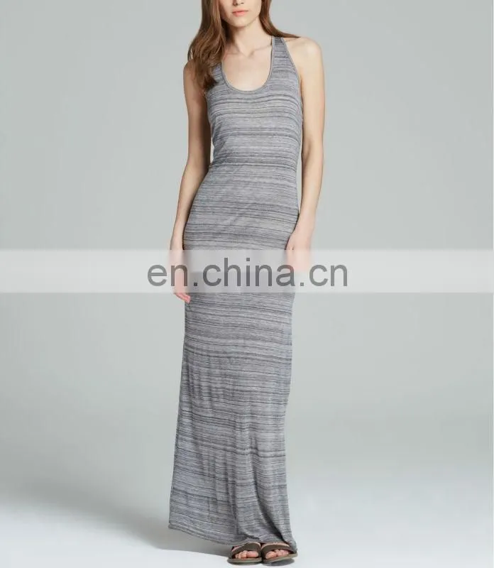 CHEFON Gray vintage maxi dresses Space Dyed Stripe