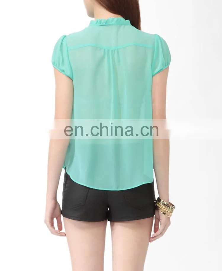 CHEFON Ruffled stand up collar short sleeve pictures of fashion blouse design