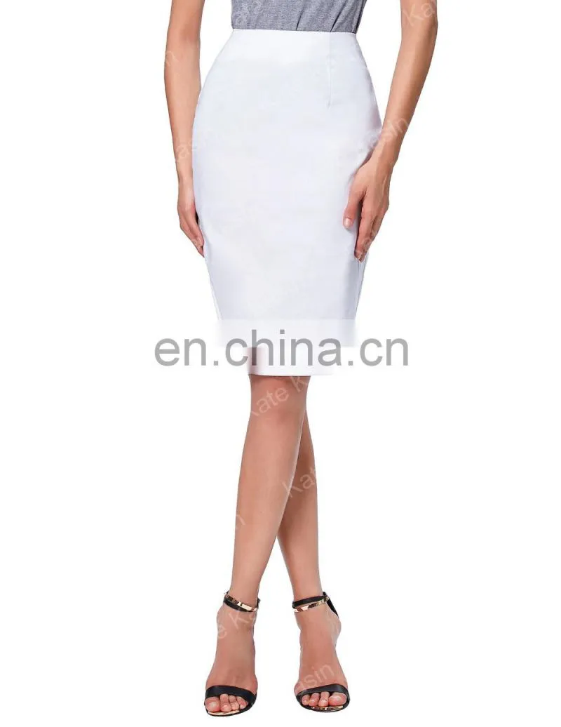 Kate Kasin Occident Women's OL High Stretchy Hips-Wrapped Split back Short White Pencil Skirt 24" KK000273-2