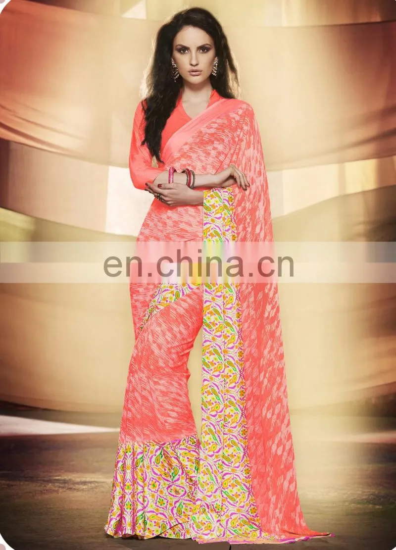 Orange Colored Georgette Satin Printed Saree