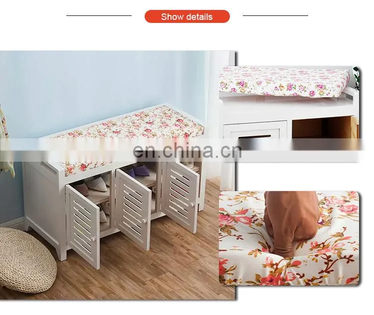 Wooden Storage Unit Bench Wicker Rattan Drawers Baskets Cushion Seat