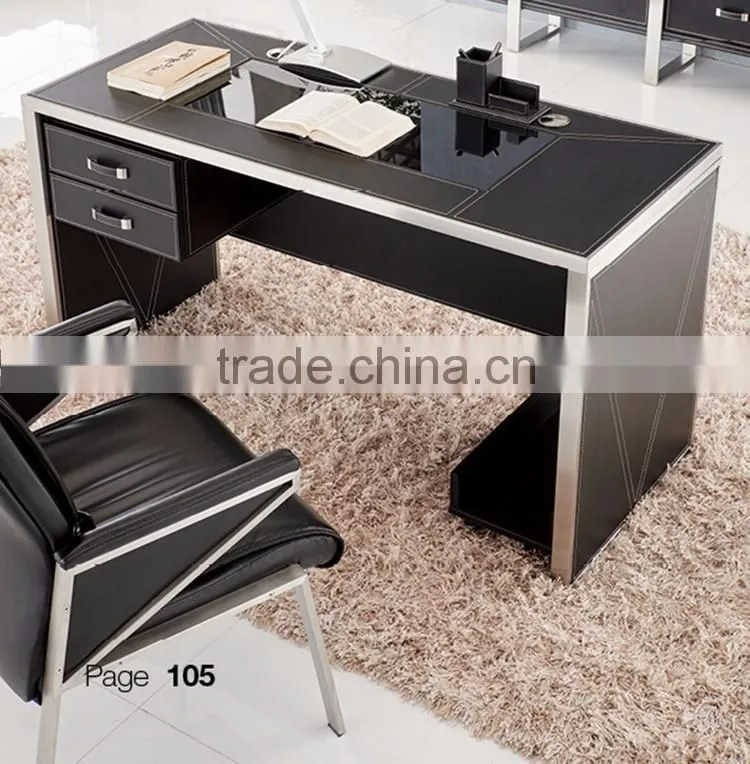 Luxury modern glass top office table design black leather veneer stainless steel frame executive office table and desk