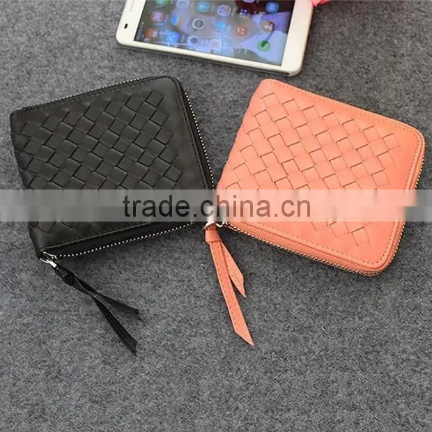 New woven sheep skin ladies leather wallet with zipper leather short wallet for women