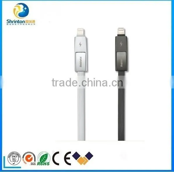 REMAX New Product 2 in 1 USB Cable Metal Connector 2.1A Fast Charging Data Cable For Iphone And Samsung Devices