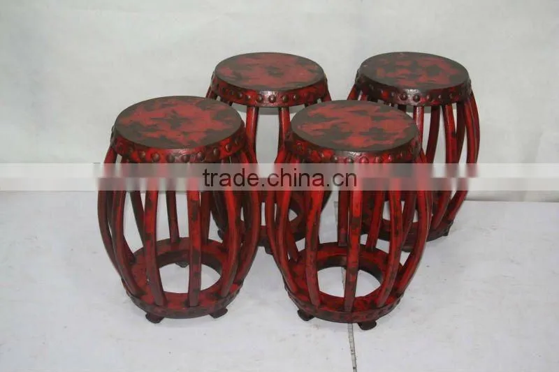Chinese antique red wooden drum stool