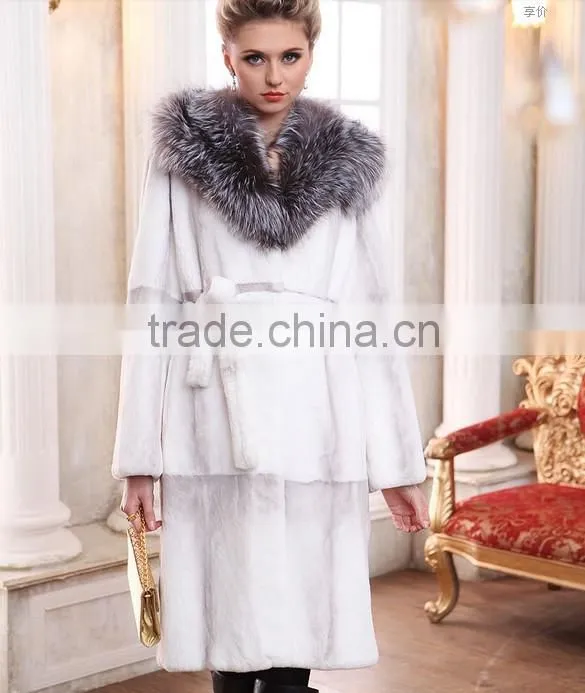 rex14014 white women's rex rabbit fur coat with fox collar