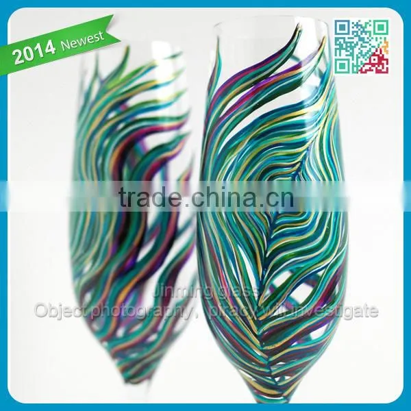 Peacock Feather Wedding Flutes Set of 2 Personalized Hand Painted glass champagne flute