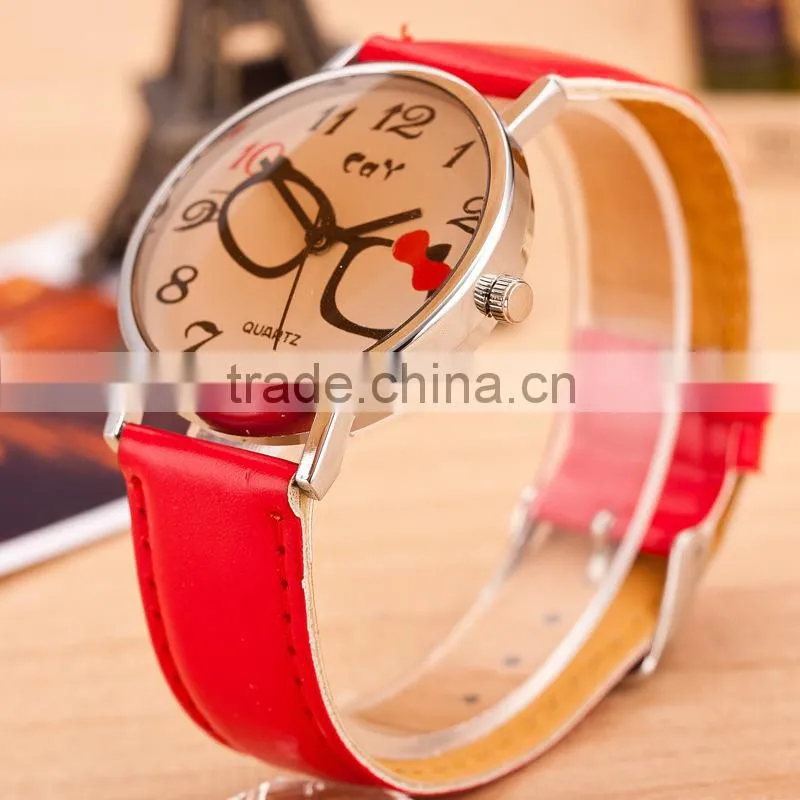 Cheap Alibaba Express Hot Sale Watches Colorful Lovely Glasses White Leather Watch in Stock!